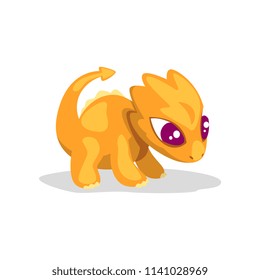 Cute cartoon orange baby dragon, funny fantasy animal character vector Illustration on a white background