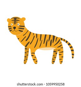 Cute cartoon orange black striped smiling tiger. Childish flat illustration of wild cat for kids book design, stickers, educational and fun games, print