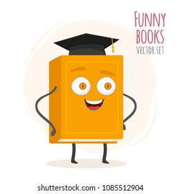 Cute cartoon orange book character with smiling faces. Vector illustration icon isolated on white background. EPS 10.