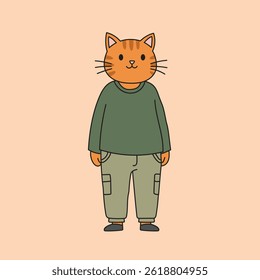 Cute cartoon orange cat character in casual green outfit. Fun, relaxed animal illustration suitable for fashion, lifestyle, and character designs.