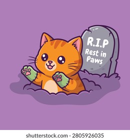 Cute Cartoon Orange Cat Emerging from Grave with Gravestone Rest in Paws Whimsical Halloween Vector Illustration