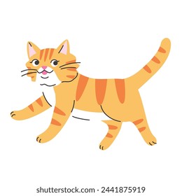 Cute cartoon orange cat. Hand drawn vector illustration. Funny pet character card template. Isolated on white.