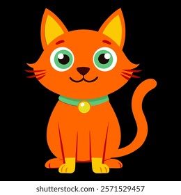 Cute cartoon orange cat isolated on black background. Front view. Vector illustration