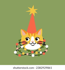 Cute cartoon orange cat with a red hat and lights garland. Hand drawn vector illustration. Funny Christmas character card template.