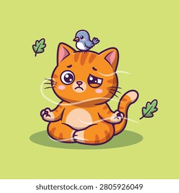 Cute Cartoon Orange Cat Sitting Cross-Legged with Bird on Head Whimsical Meditation Vector Illustration