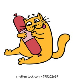 Cute cartoon orange cat want smoked sausage salami. Vector illustration. Isolated animal cheerful pet hold food.