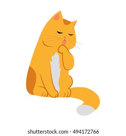 Cute cartoon orange cat. The orange cat washes, licks a paw. Cat is washing itself. Cat icon. Pet icon. Isolated vector illustration on white background