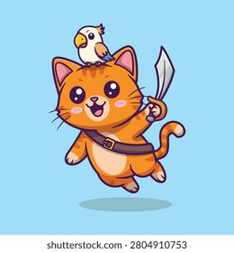 Cute Cartoon Orange Cat Wearing Belt Holding Sword with Bird Companion Whimsical Adventure Vector Illustration