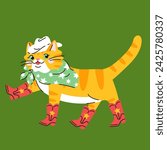 Cute cartoon orange cat with white hat, green scarf and red cowboy boots. Hand drawn vector illustration. Cool pet character card template.