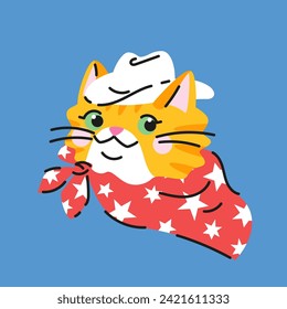 Dibujo lindo gato naranja con sombrero blanco de vaquero y bufanda roja. Ilustración vectorial dibujada a mano. Plantilla de la tarjeta de caracteres de mascota genial.