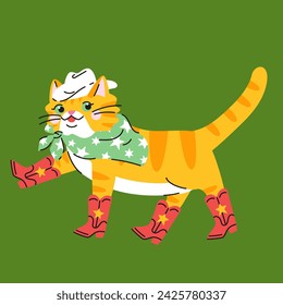 Cute cartoon orange cat with white hat, green scarf and red cowboy boots. Hand drawn vector illustration. Cool pet character card template.