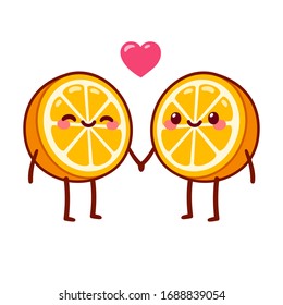Cute cartoon orange Charakter Paar in Liebe Händchen halten. Orangefarbene Hälften, "media naranja", sind Seeleute auf Spanisch. Valentinstag Grußkartenzeichnung. Vektorillustration einzeln.