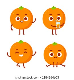 Cute cartoon orange character set, orange juice mascot drawing with different pose and face. Isolated vector illustration.