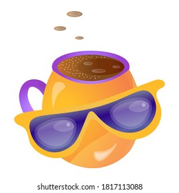 
Cute cartoon orange coffee mug with purple glasses.
Vector isolated illustration on white background.