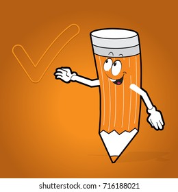 Cute cartoon orange color pencil. Comic character with big eyes. Humanized pencil with emoji and check mark. Vector Illustration.