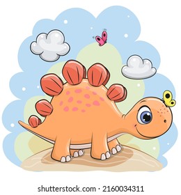 Cute cartoon orange dinosaur with butterflies on a blue background