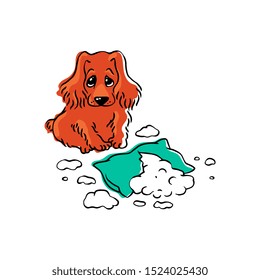 Cute cartoon orange dog looking guilty over ripped up pillow. Hand drawn pet puppy looking sad over naughty behavior - isolated flat vector illustration.