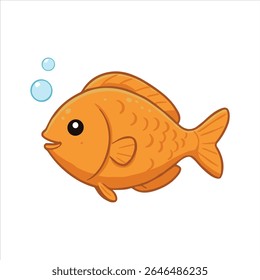 A cute cartoon orange fish with big eyes and small bubbles, swimming happily. The fish has fins, scales, and a cheerful expression, set against a white background.

