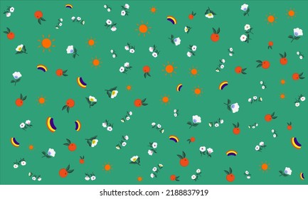 Cute cartoon orange, flowers, rainbow, sun doodling seamless repeating pattern. Randomly placed on a pastel green color background. abstract background vector