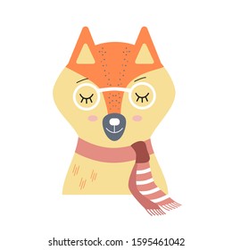 Cute cartoon orange fox head in glasses. Forest and woodland animals. Character for greeting cards, stickers, kids and baby t-shirts and wear, nursery and baby room interiors. Vector illustration.

