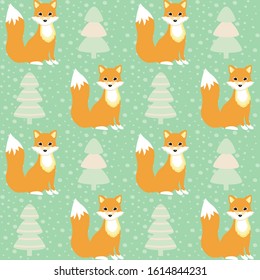 Cute cartoon orange foxes and green pine trees on a mint-color background with snowflakes, nice winter seamless vector pattern for kids.