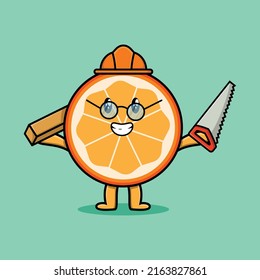 Cute cartoon orange fruit as carpenter character with saw and wood in 3d modern style design