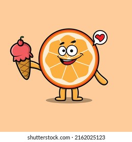 Cute Cartoon orange fruit character holding ice cream cone
