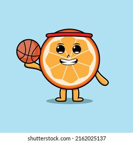 Cute cartoon orange fruit character playing basketball