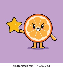 Cute cartoon orange fruit character holding big golden star in cute modern style design