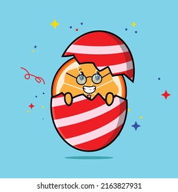 Cute cartoon orange fruit character coming out from easter egg look so happy