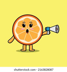 Cute Cartoon orange fruit character speak with megaphone in 3d cartoon style concept