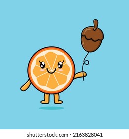 Cute dibujos animados de frutas anaranjadas flotando con globo de bellota ilustración vectorial