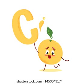 Cute cartoon orange fruit holding big letter C. Vitamin C vector illustration