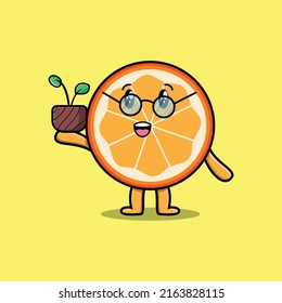 Cute cartoon orange fruit holding plant in a pot 3d modern style design
