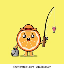 Cute cartoon orange fruit ready fishing wearing fishing equipment cartoon character