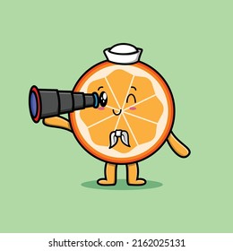 Cute cartoon orange fruit sailor with hat and using binocular cute modern style design