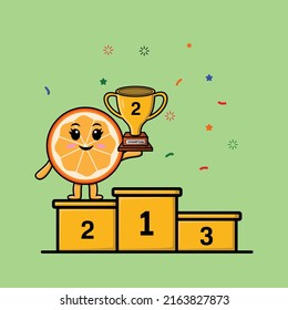 Cuta caricatura de fruta naranja como segundo ganador con expresión feliz en diseño de estilo moderno 3d