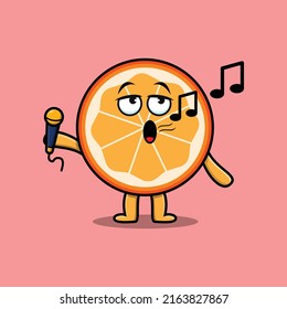 Cute cartoon orange fruit singer character holding mic in 3d modern style design