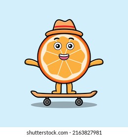 cute cartoon orange fruit standing on skateboard with cartoon vector illustration style