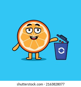 Cute cartoon orange fruit throwing trash in the trash in 3d modern style design