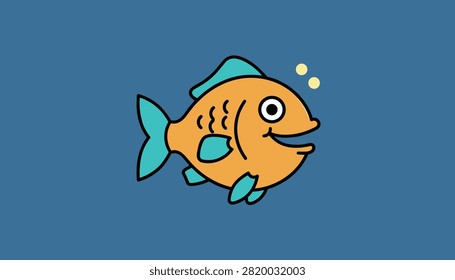 Cute cartoon orange goldfish with bright turquoise fins swimming happily against a deep blue water background.