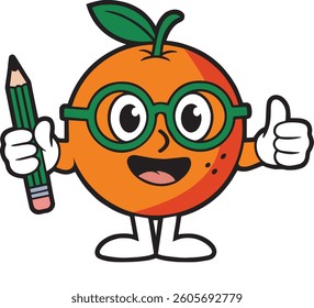Cute Cartoon Orange Holding a Pencil and Giving Thumbs Up pose. Fun Friendly Fruit Character vector art mascots. Vector Illustration for kids isolated on white background. 