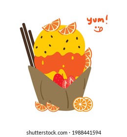 cute cartoon of orange ice cream with strawberry and tangerine toppings. simple vector for logo, icon and posters
