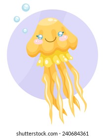 Cute cartoon orange jellyfish on blue background. Vector illustration