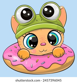 Cute Cartoon Orange Kitten with donut on a blue bakground