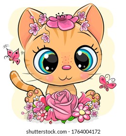 Cute Cartoon Orange Kitten with flowers on a yellow background