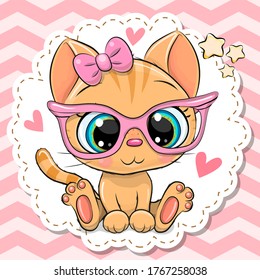 Cute cartoon orange Kitten girl in pink eyeglasses with a bow