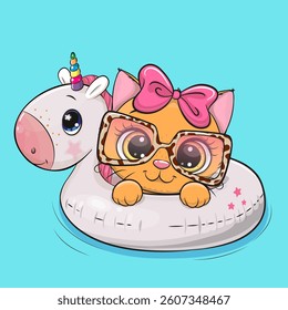 Cute cartoon Orange Kitty with glasses in swimming on pool ring inflatable unicorn