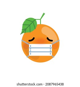 Cute cartoon orange with medical mask. Sick face emoji vector icon.