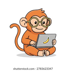 Cute Cartoon Orange Monkey Wearing Round Glasses Using Laptop With Banana Sticker